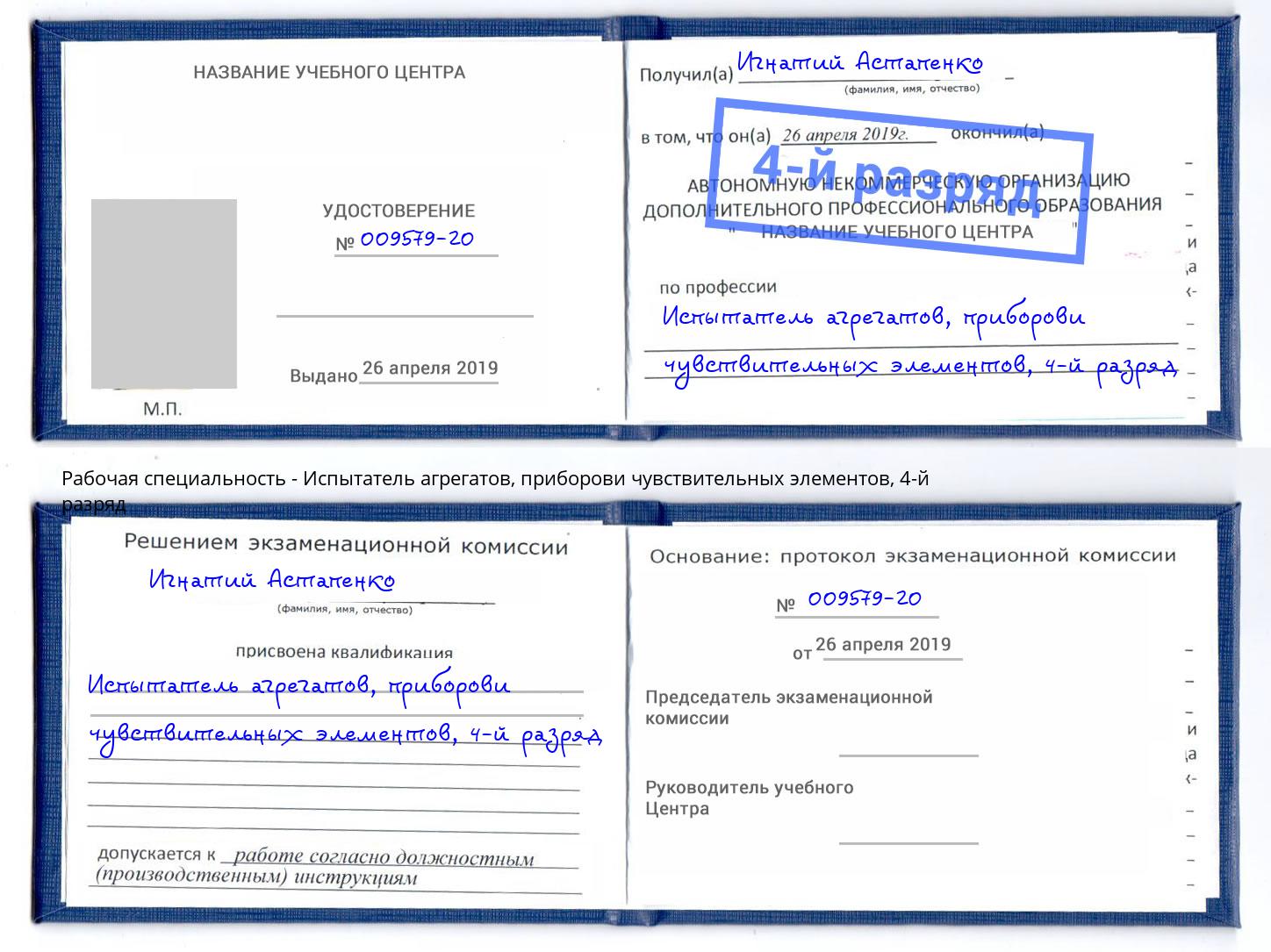 корочка 4-й разряд Испытатель агрегатов, приборови чувствительных элементов Фролово