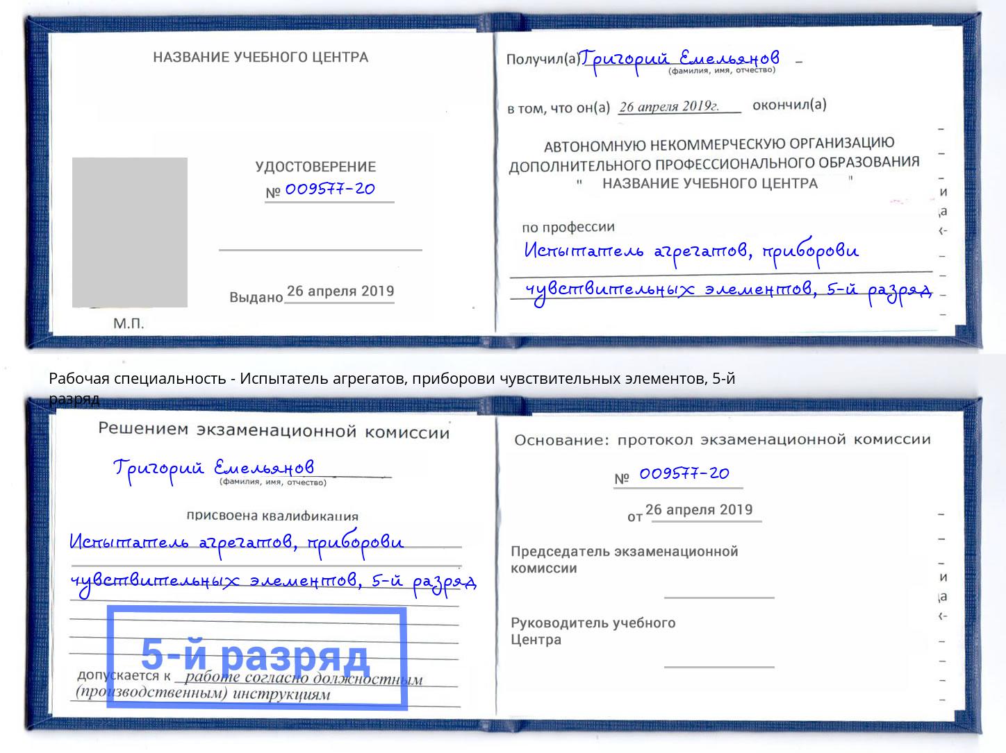 корочка 5-й разряд Испытатель агрегатов, приборови чувствительных элементов Фролово