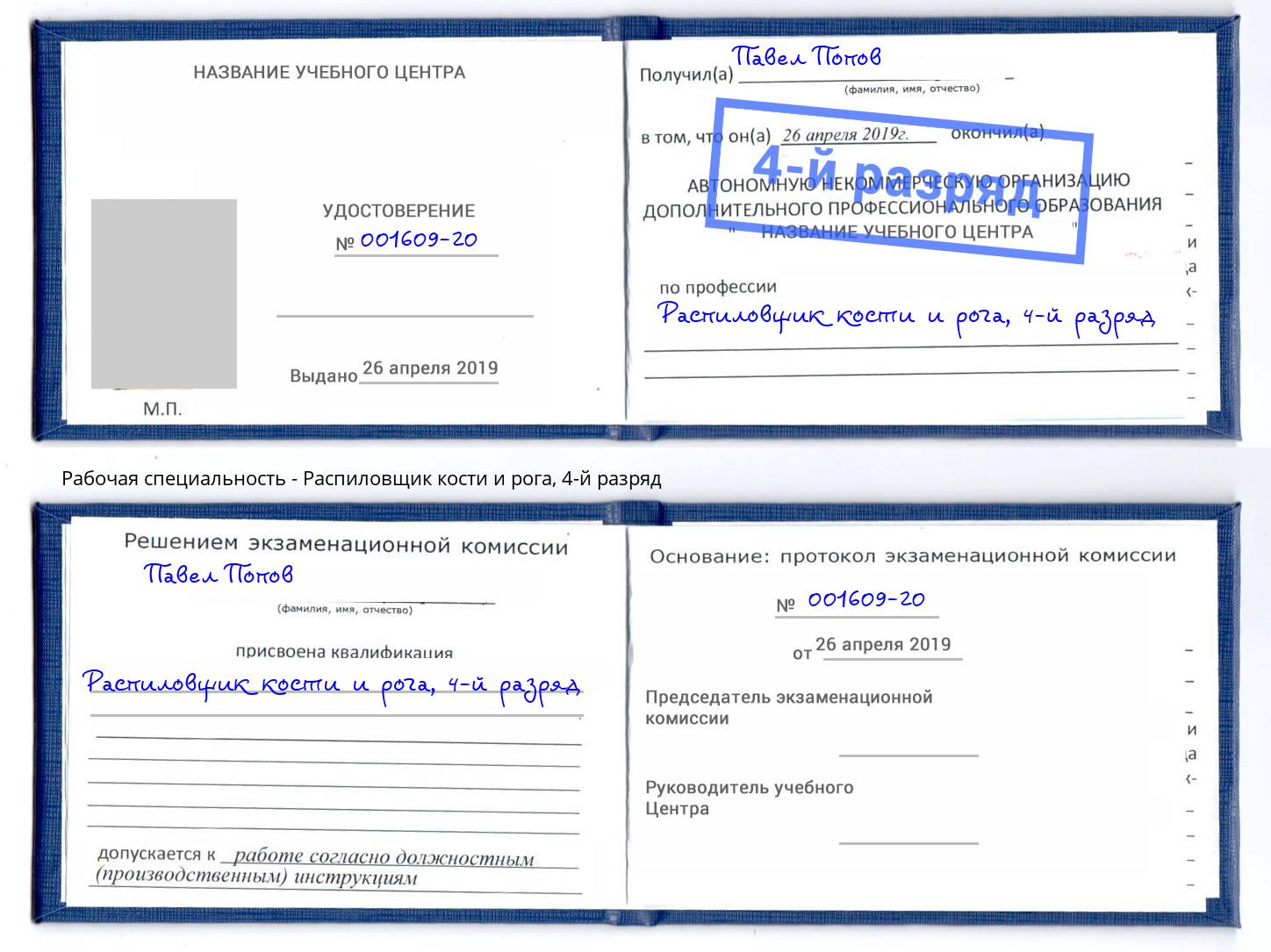 корочка 4-й разряд Распиловщик кости и рога Фролово