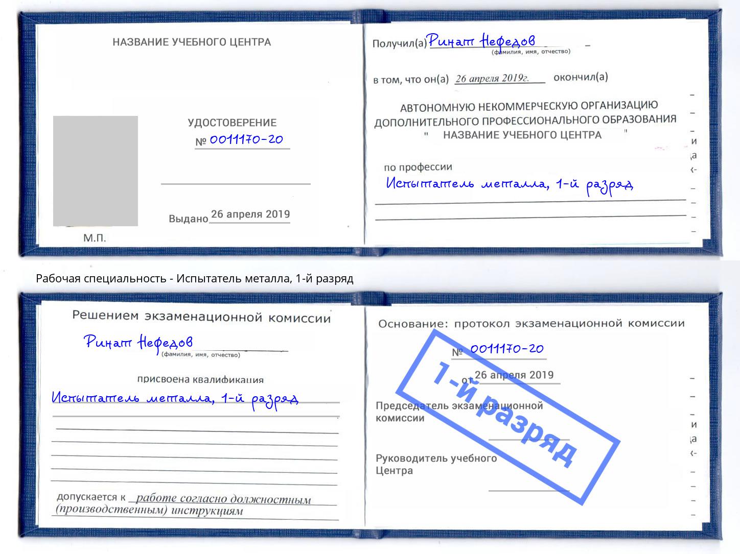 корочка 1-й разряд Испытатель металла Фролово