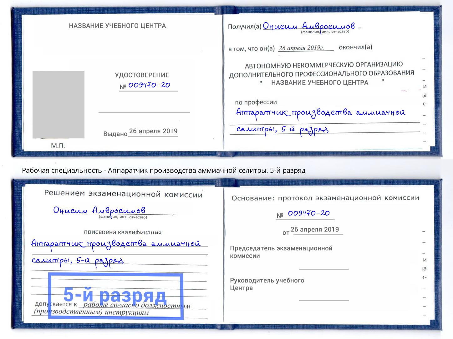 корочка 5-й разряд Аппаратчик производства аммиачной селитры Фролово