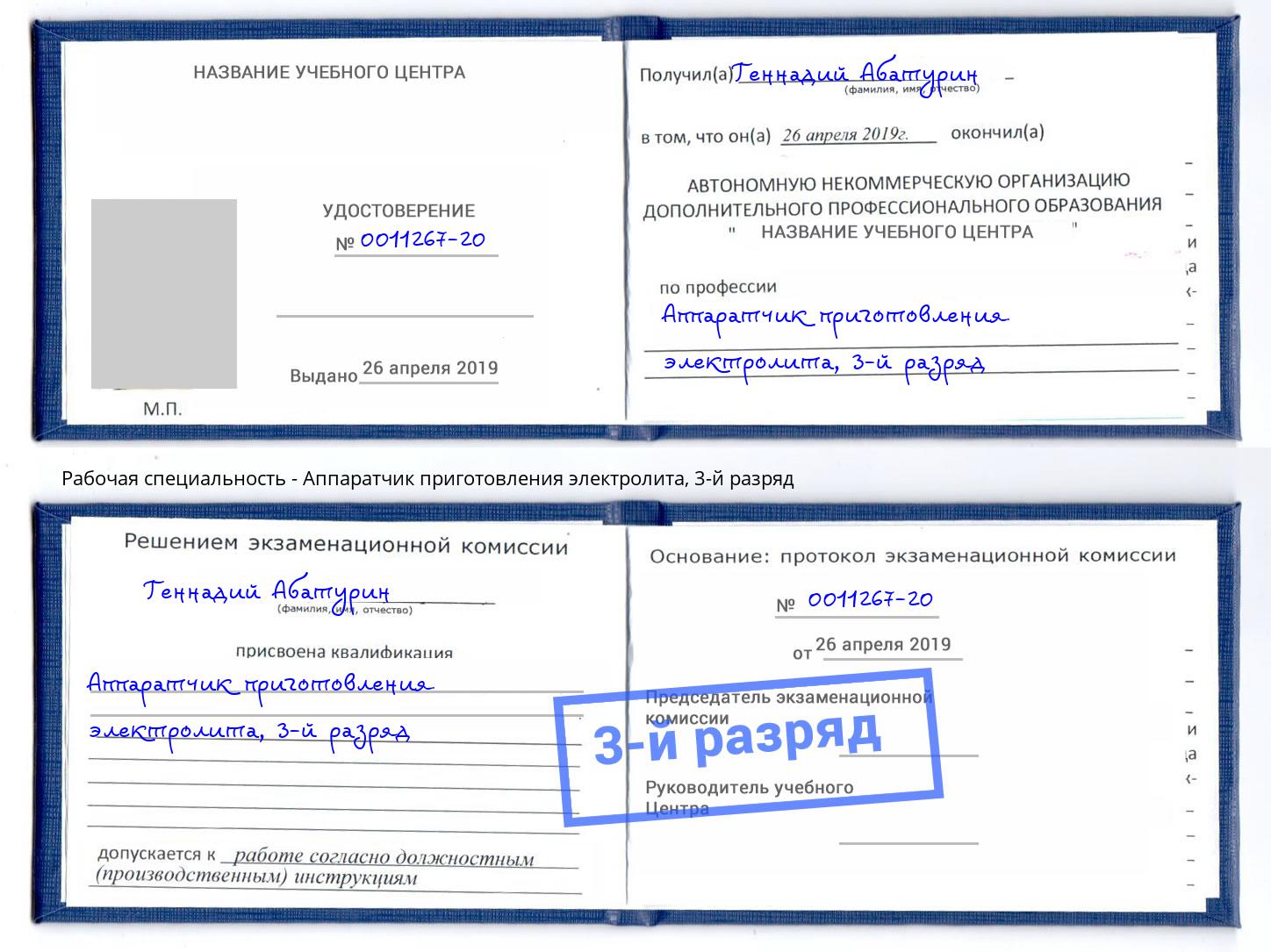 корочка 3-й разряд Аппаратчик приготовления электролита Фролово