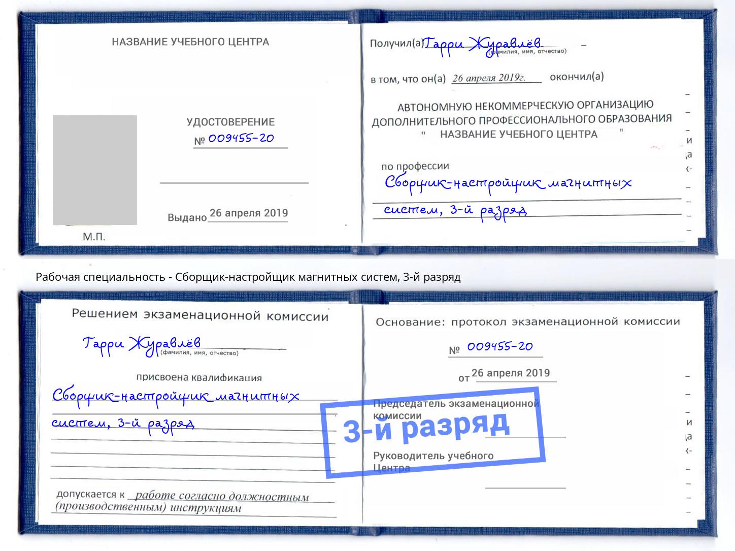 корочка 3-й разряд Сборщик-настройщик магнитных систем Фролово