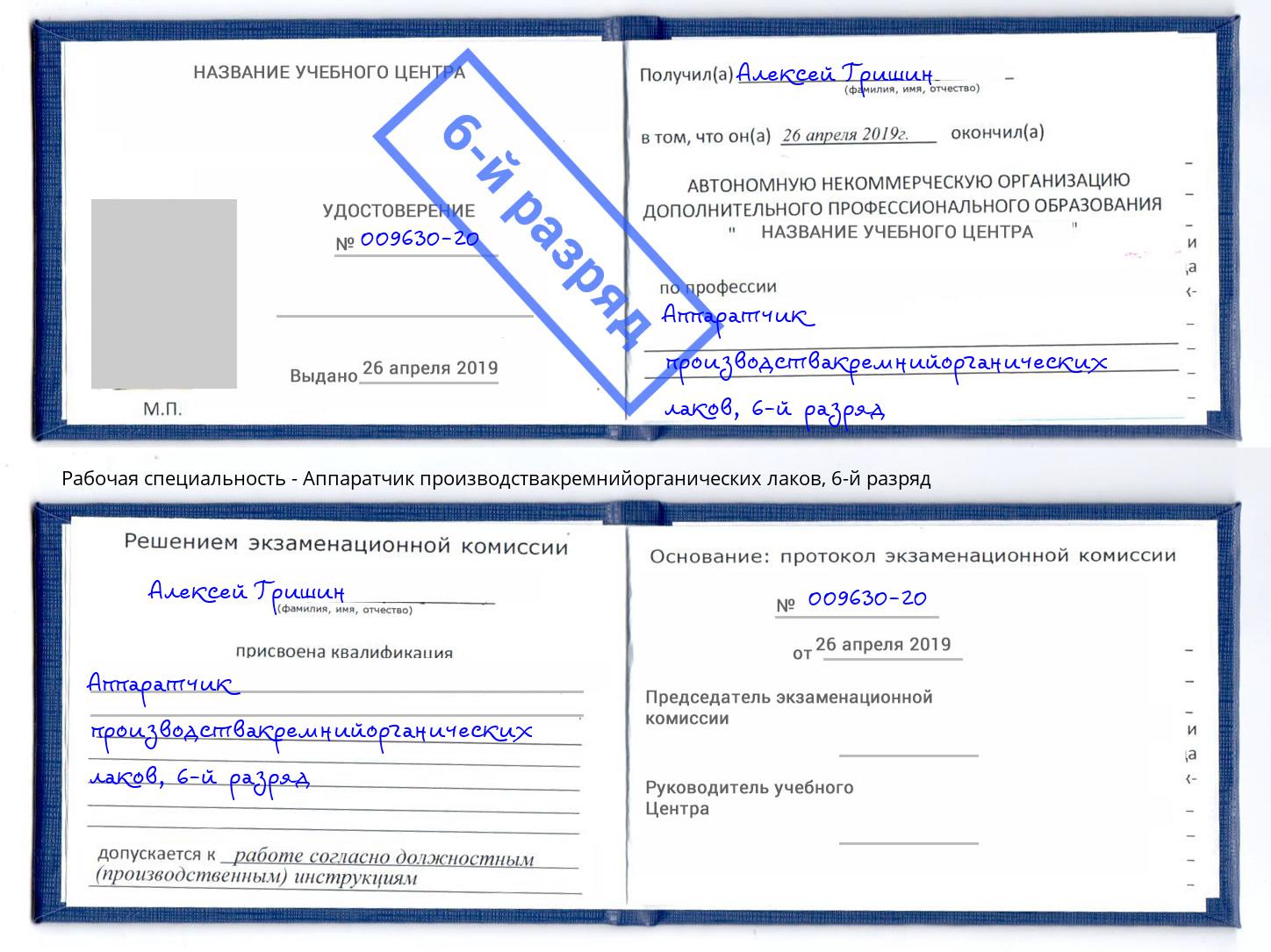 корочка 6-й разряд Аппаратчик производствакремнийорганических лаков Фролово