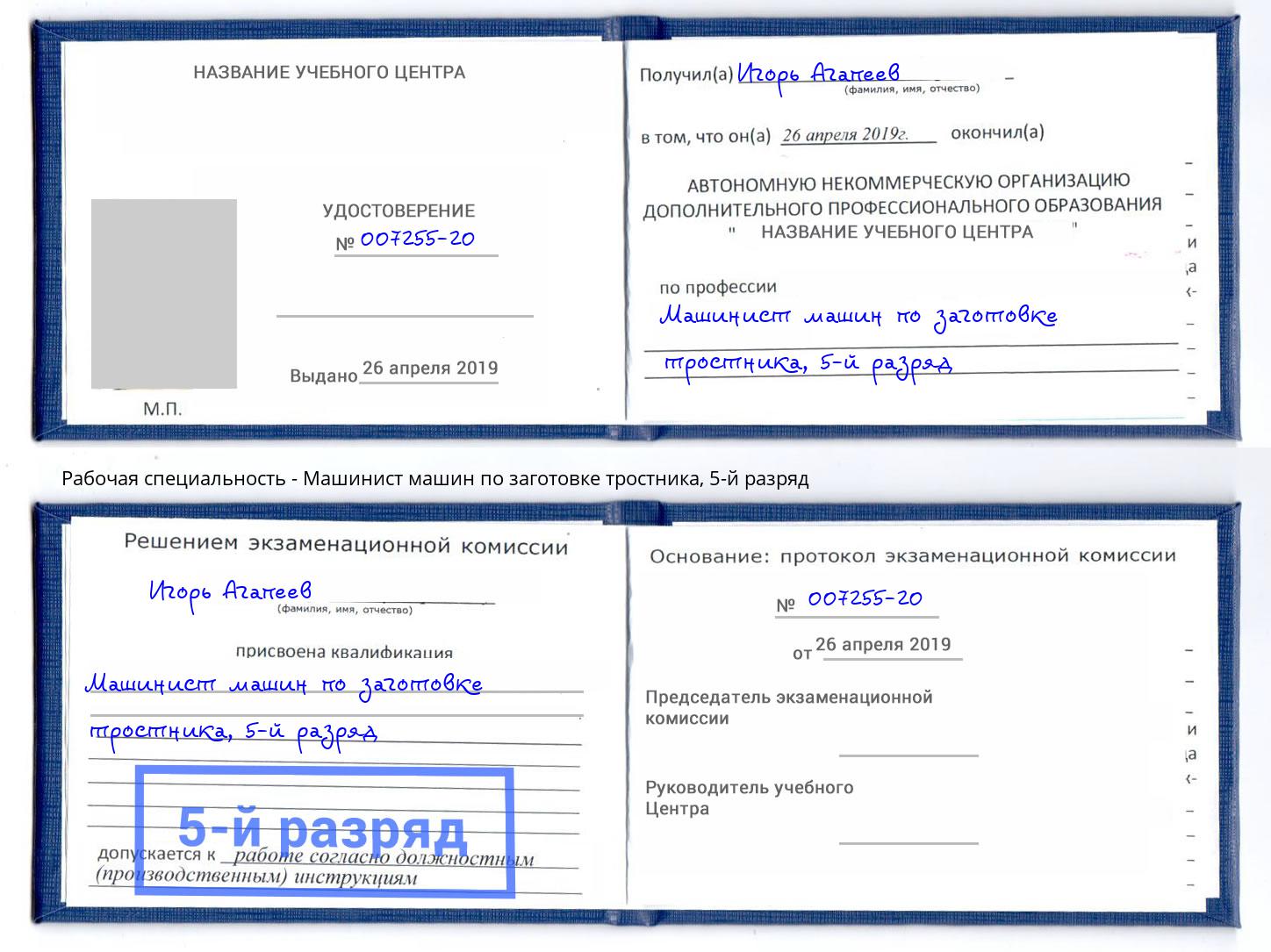 корочка 5-й разряд Машинист машин по заготовке тростника Фролово