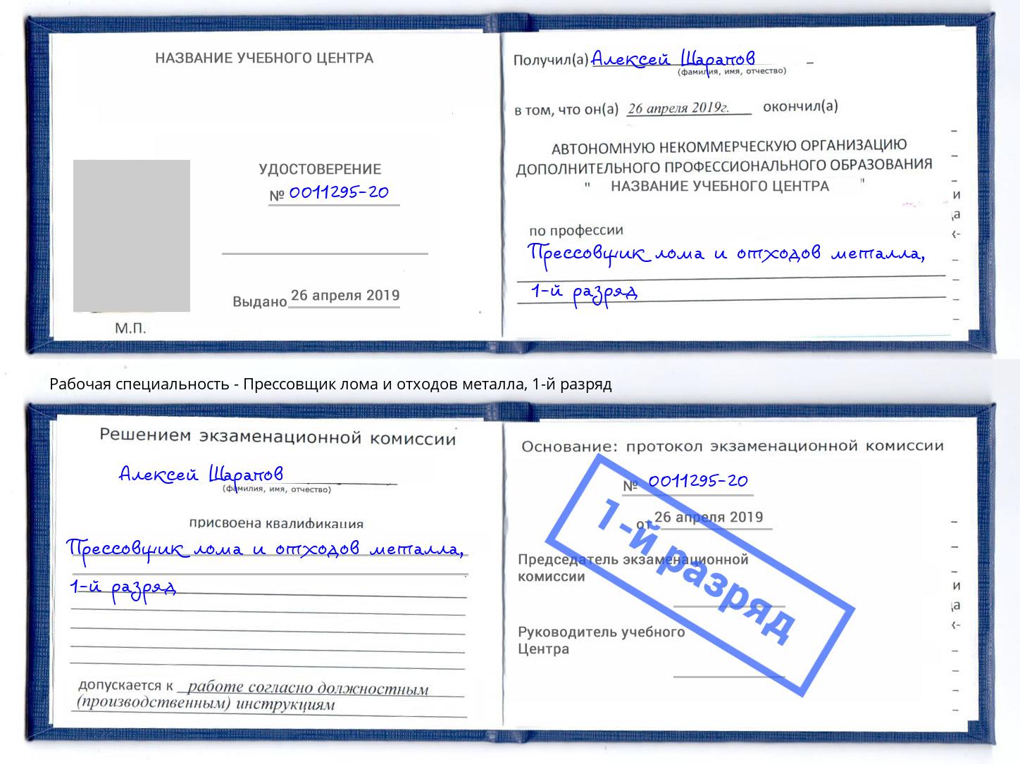 корочка 1-й разряд Прессовщик лома и отходов металла Фролово