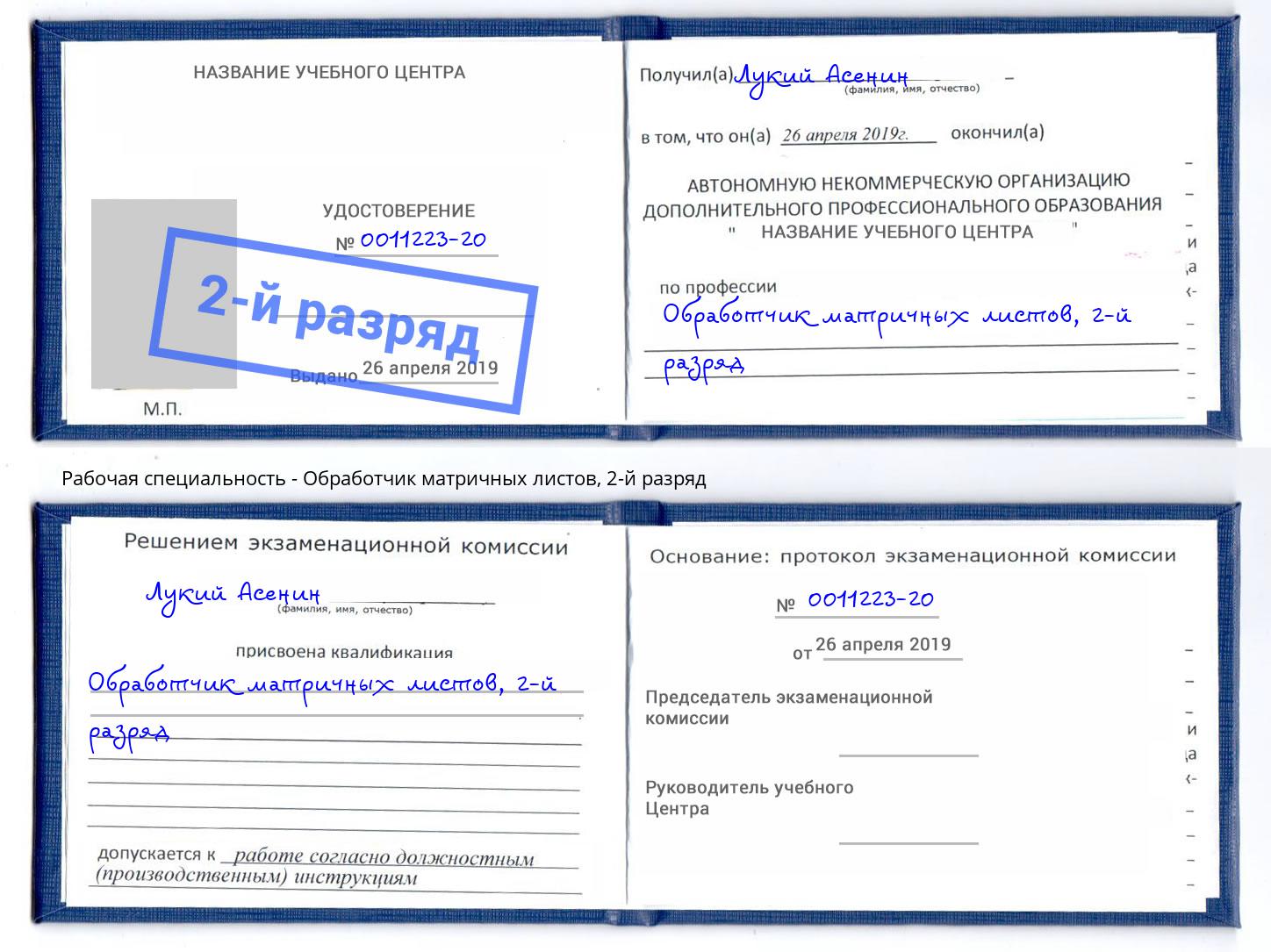 корочка 2-й разряд Обработчик матричных листов Фролово
