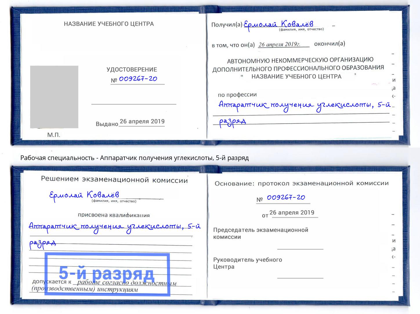 корочка 5-й разряд Аппаратчик получения углекислоты Фролово