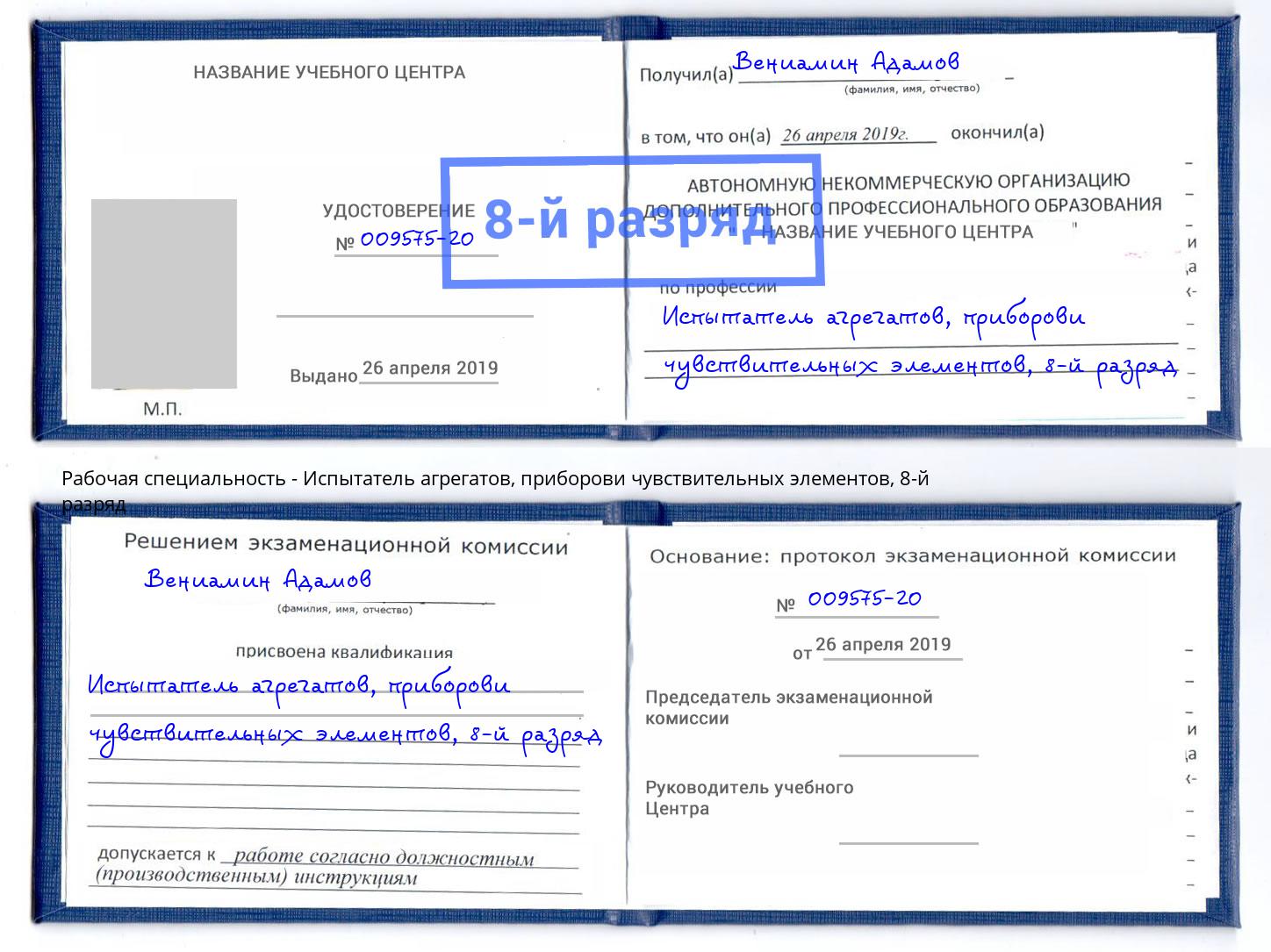 корочка 8-й разряд Испытатель агрегатов, приборови чувствительных элементов Фролово